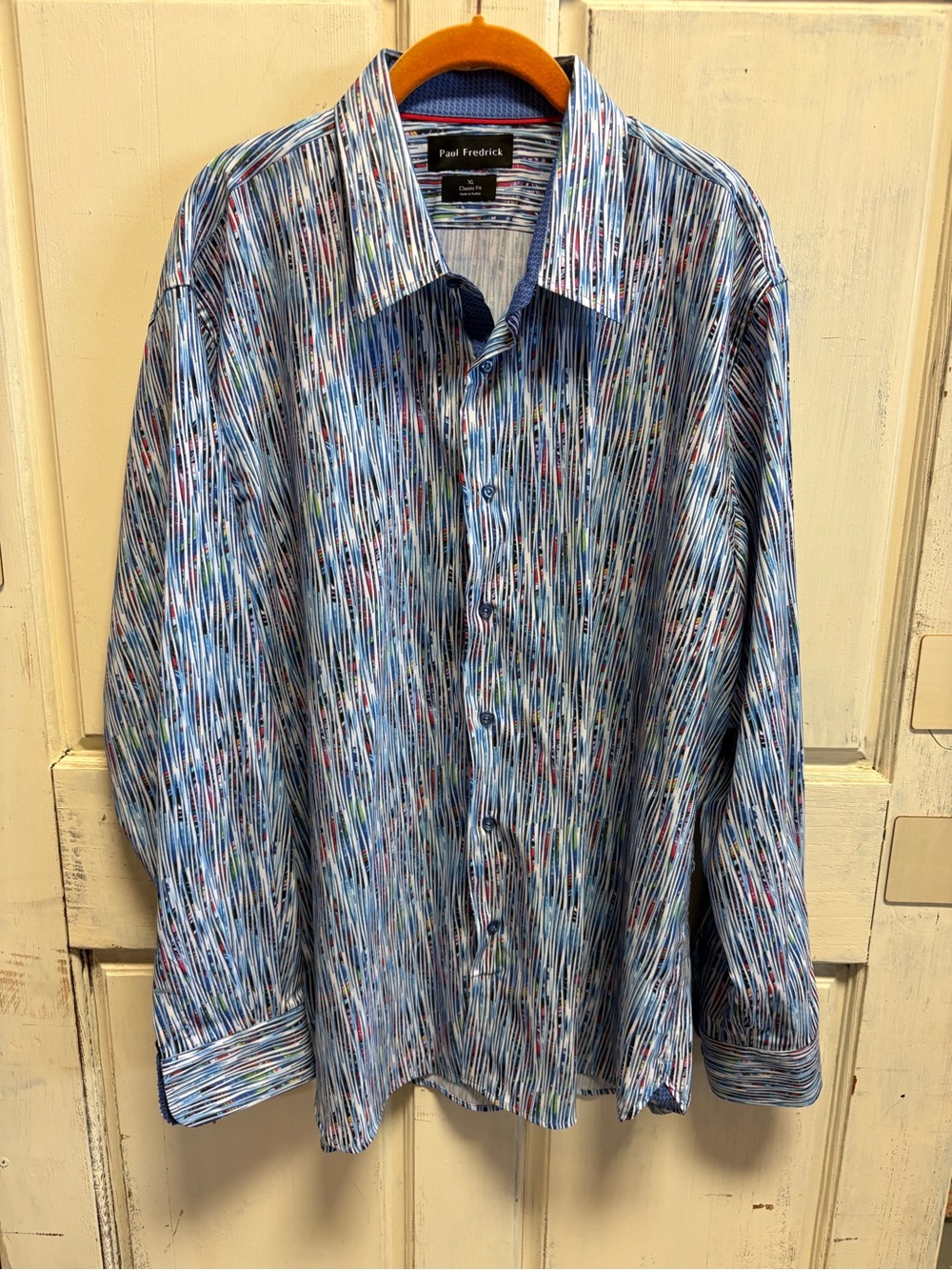 Paul Fredrick Blue Multi-Stripe Long-Sleeve Dress Shirt
